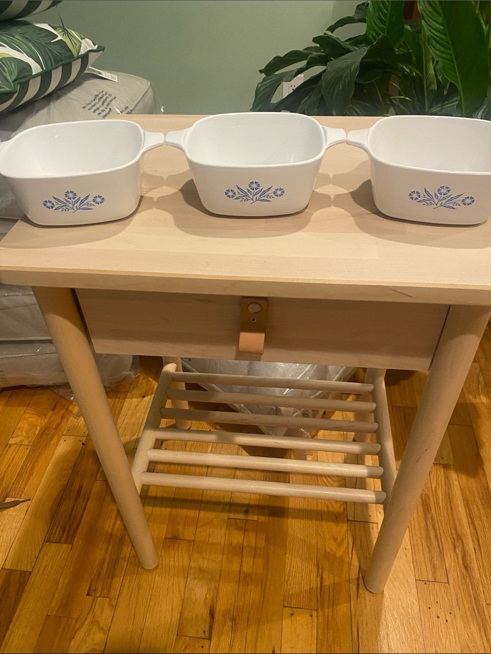 Vintage Corning Ware White Casserole Dishes with Blue Floral Motif - Set of 3